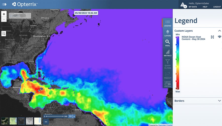 Map of Ocean Heat Content from NOAA, which shows the amount of heat stored in the upper layers of the ocean, allowing hurricanes to  intensify.