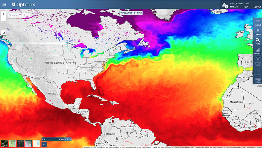 Map of the record-setting sea surface temperatures for the Atlantic Ocean from NOAA. 