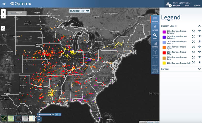 Opterrix map showing monthly analysis of tornado tracks so far in 2024. May 2024 set a record for 570 tornado reports. 