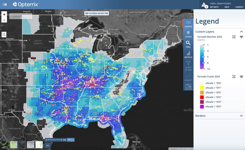 Opterrix map showing areas of the US with the highest number of tornado watches in 2024, with historical tornado tracks colorized by EF strength.