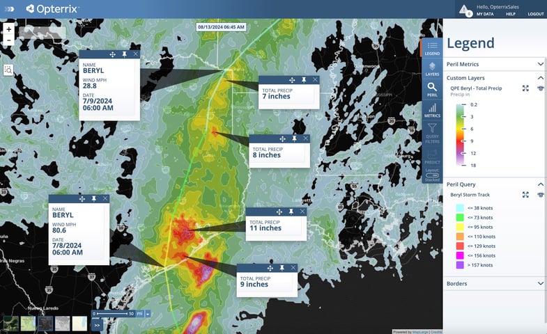 Map of Hurricane Beryl's path through Texas after landfall and three-day rainfall accumulations caused massive flooding in Houston and eastern Texas. 