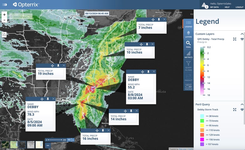 Opterrix map of Hurricane Debby's path up the East Coast and 7-day rainfall accumulations showing areas of significant flooding.