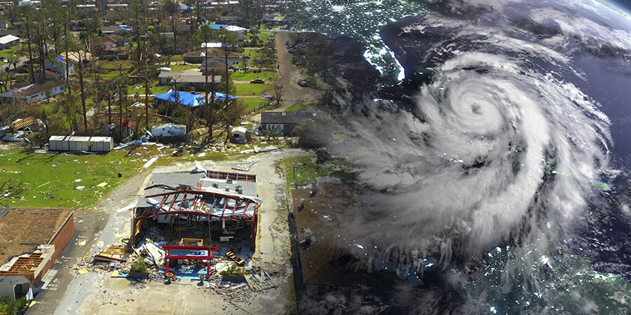 Satellite view of hurricane and damage to homes